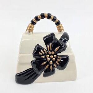 David's Cookies Black & Gold Ribbon Cream Purse Ceramic Cookie Jar 6 1/2" New